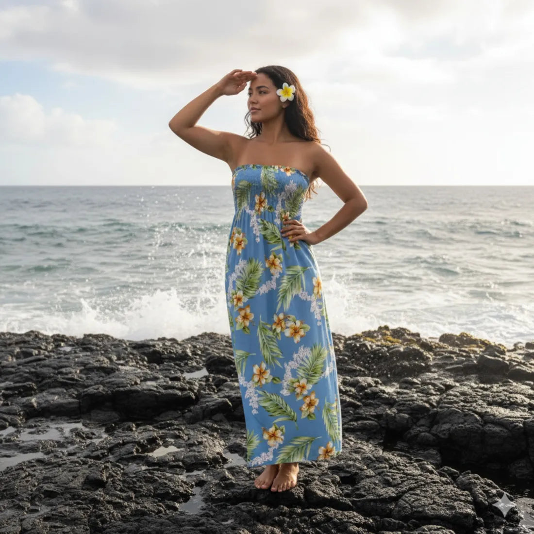 Atoll Blue Maxi Hawaiian Dress with Hibiscus Print