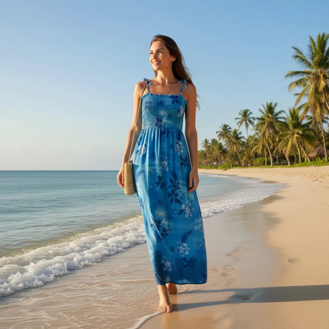 Aurora Blue Maxi Hawaiian Dress with Tropical Motifs Aurora Blue Maxi Hawaiian Dress with Tropical Motifs