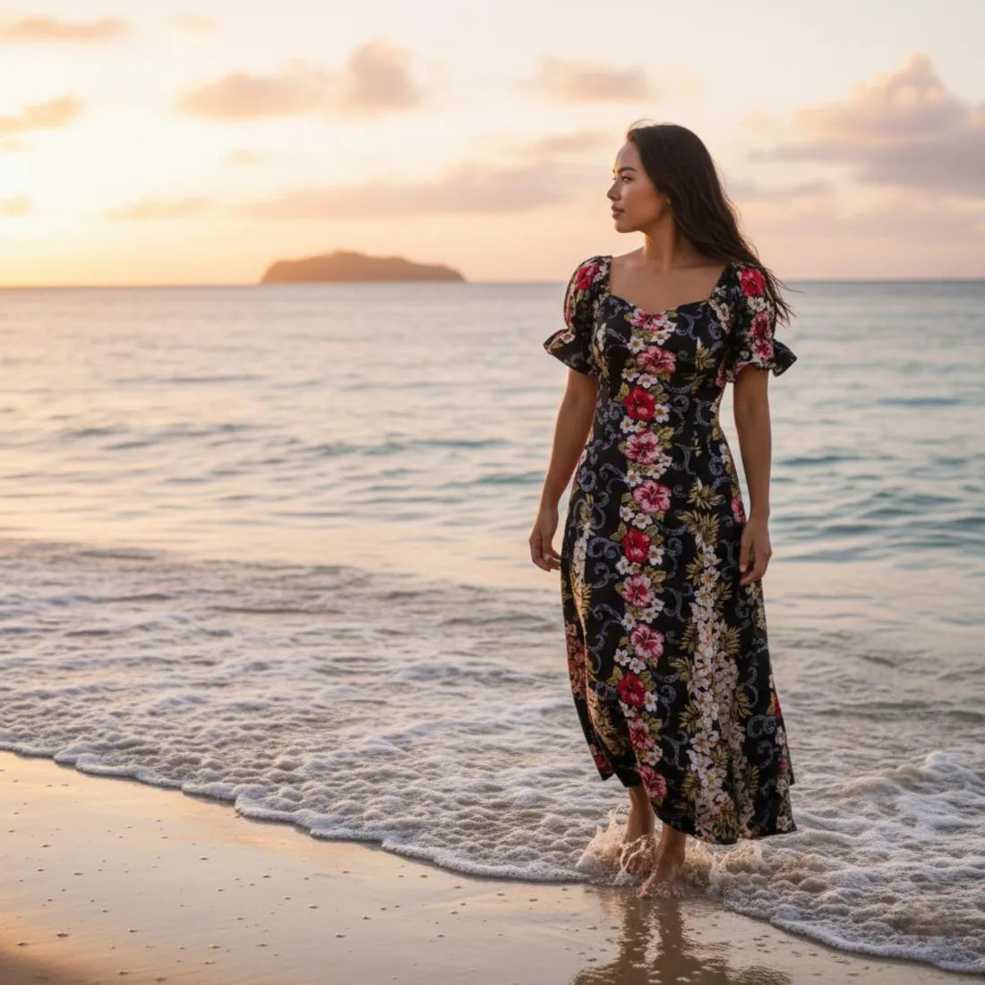 Black Mist Aikane Hawaiian Dress with Ruffle Sleeves L / Black