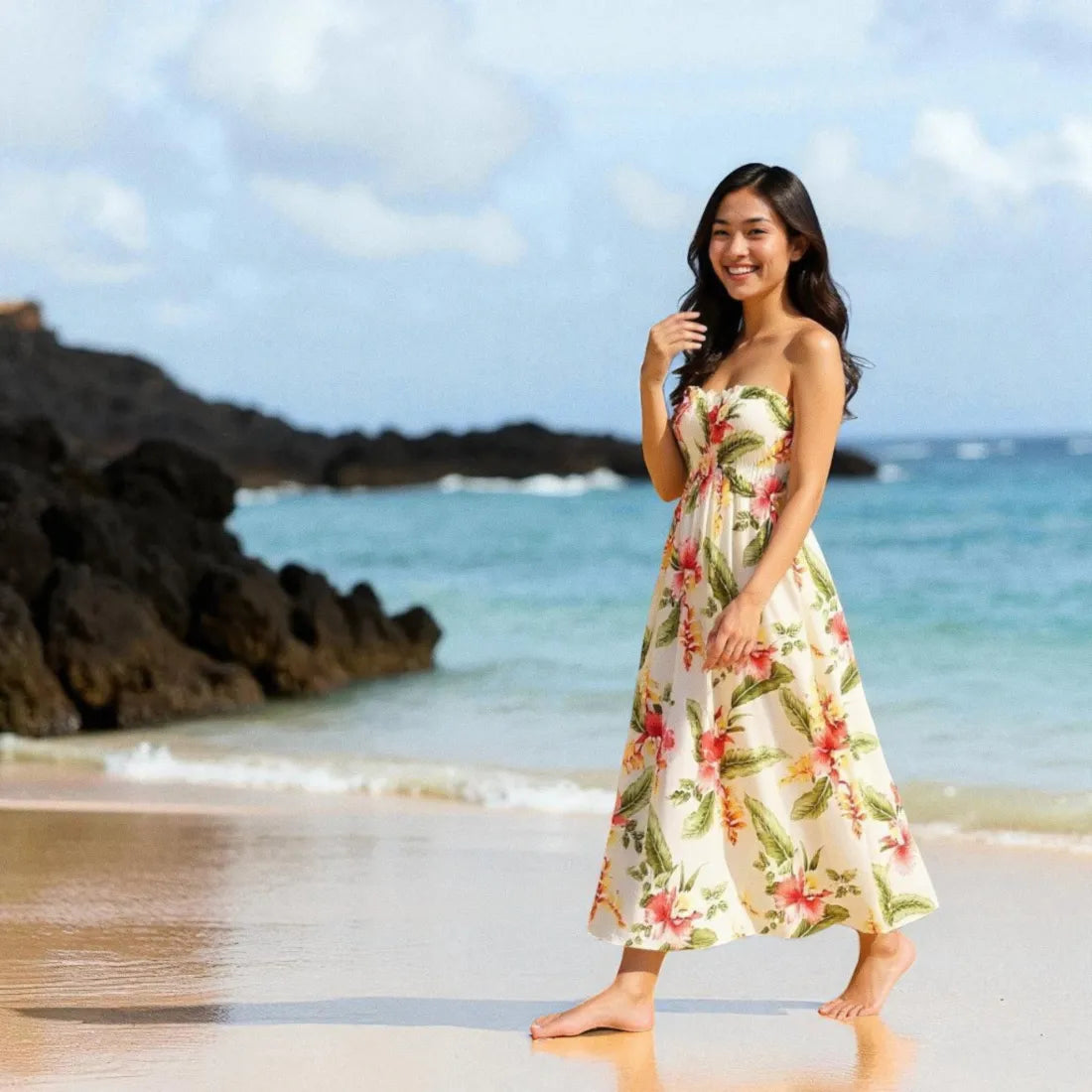 Cloud Cream Maxi Hawaiian Dress for Summer Style Cloud Cream Maxi Hawaiian Dress for Summer Style