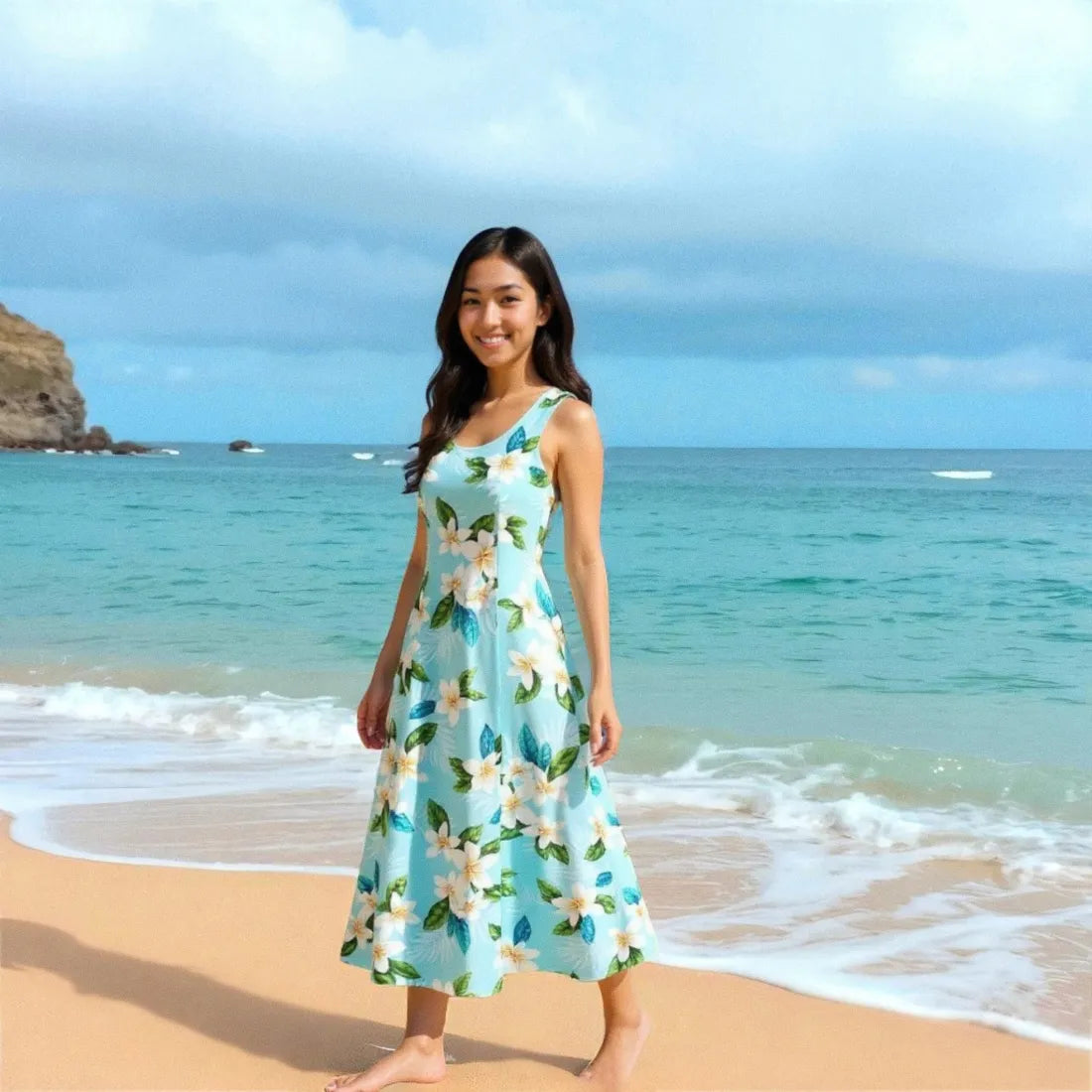 Escape Blue Darling Midi Hawaiian Dress for Island Style S / Blue
