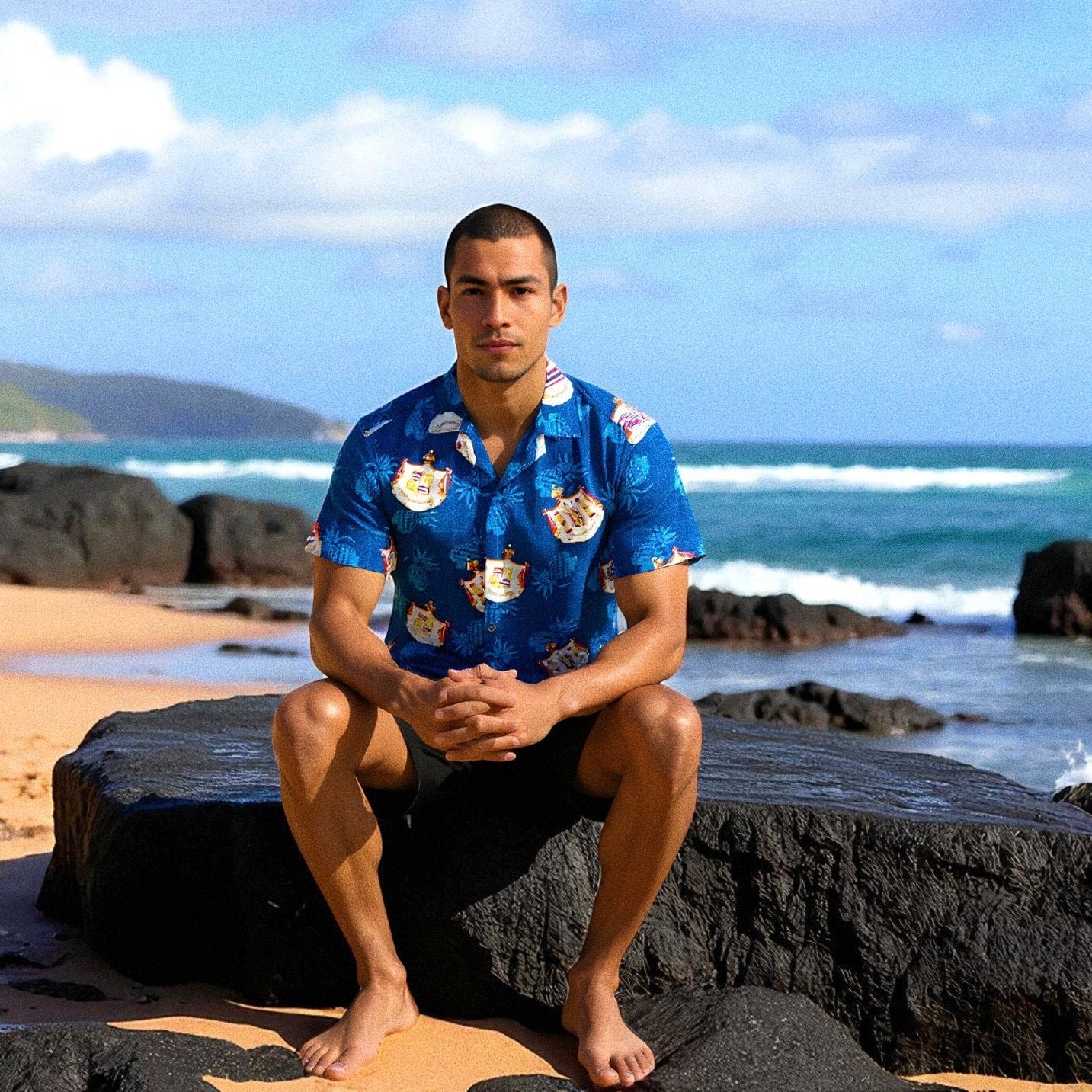 Hawaii Crest Blue Hawaiian Rayon Shirt Made in Hawaii