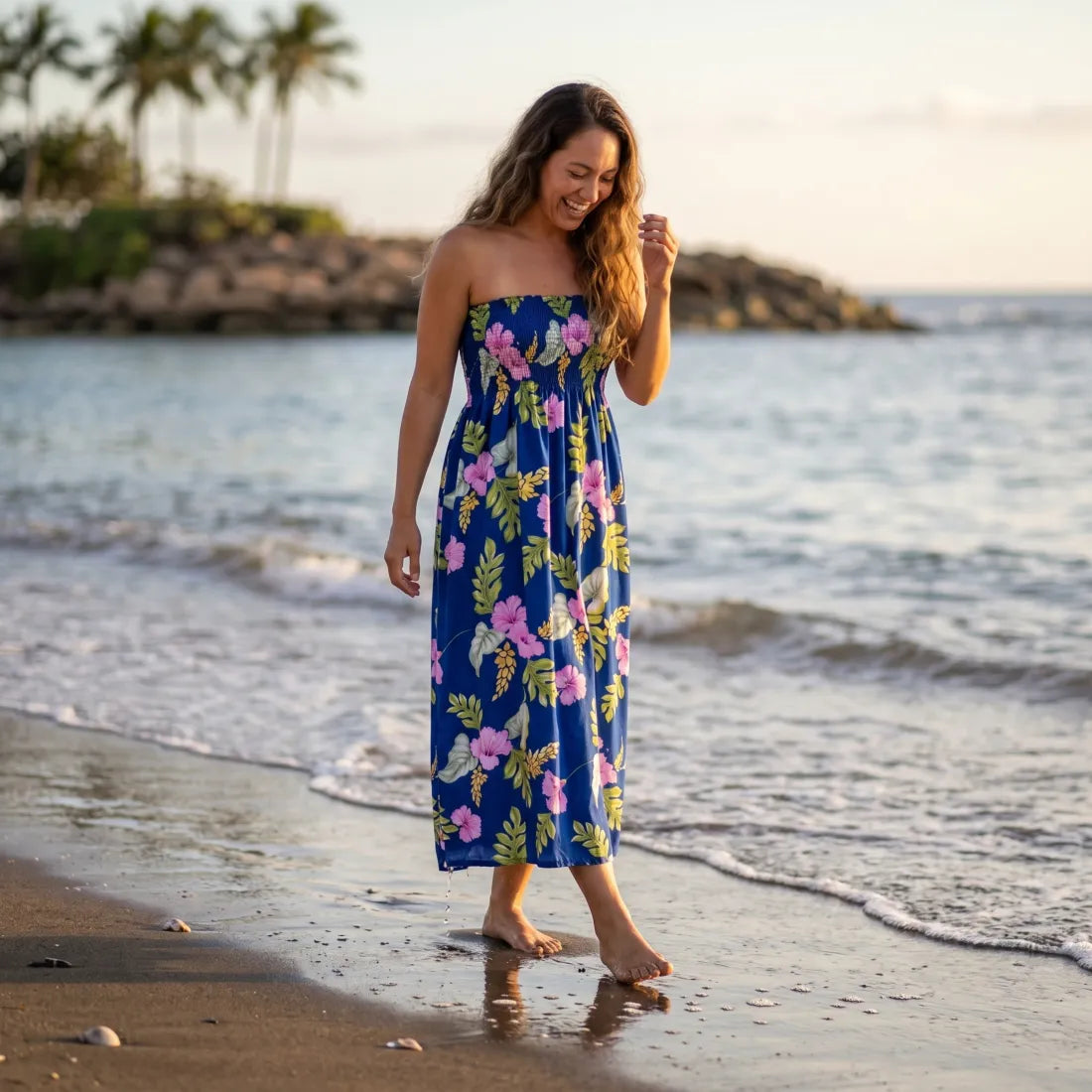 Honeymoon Royal Blue Maxi Hawaiian Dress with Hibiscus  Lavahut