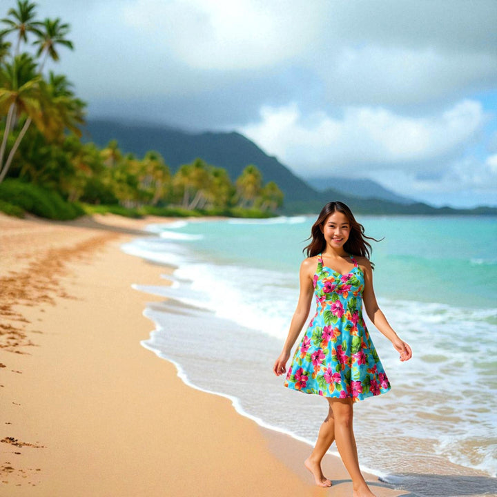 Hoopla Blue Napali Hawaiian Halter Dress Made in Hawaii