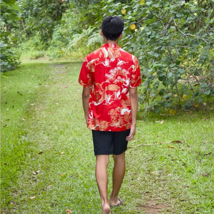 Island Breeze Crane Red Hawaiian Rayon Shirt Made in Hawaii