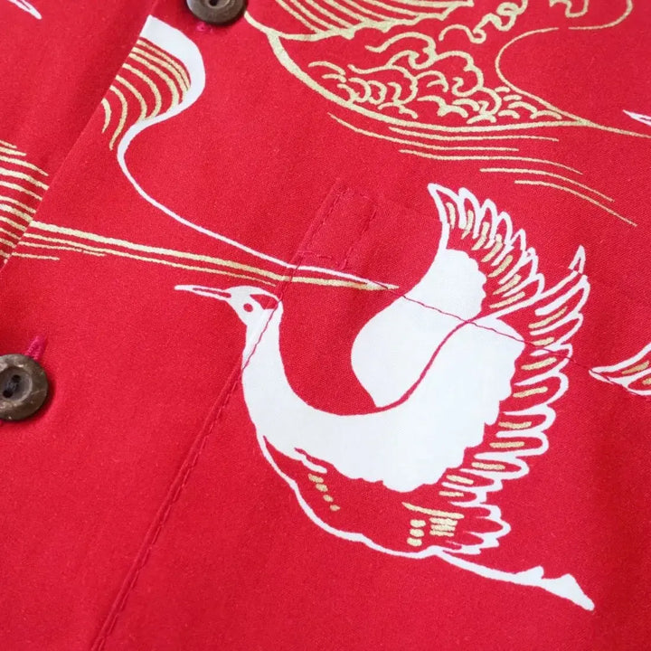 Island Breeze Crane Red Hawaiian Rayon Shirt Made in Hawaii