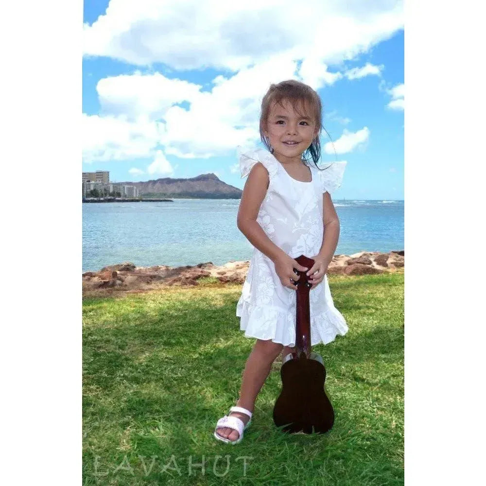 Makamae White Hawaiian Girl Cotton Dress with Ruffled Sleeves 4 / White