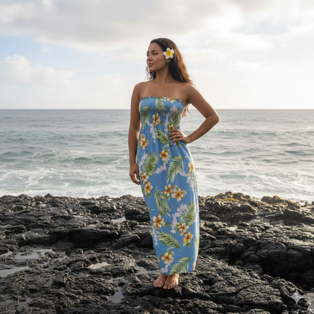Atoll Blue Maxi Hawaiian Dress