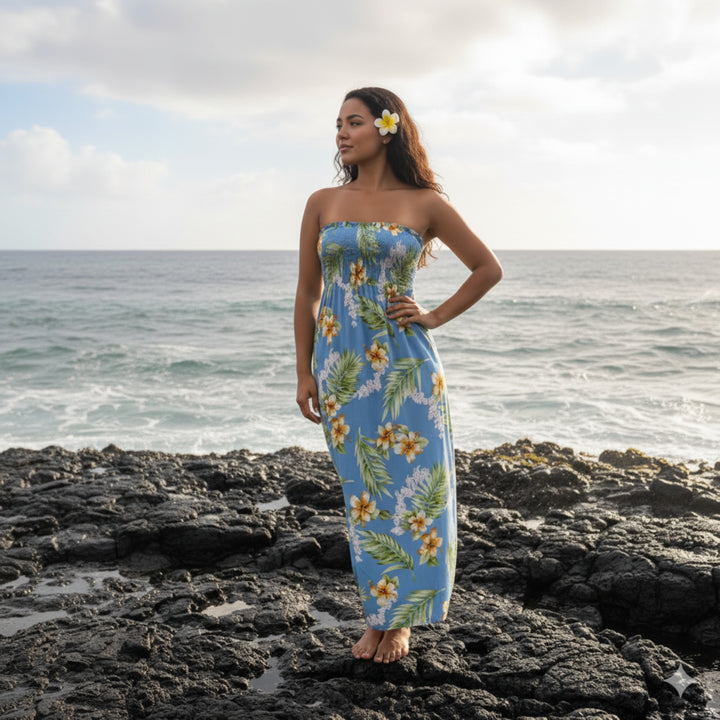 Atoll Blue Maxi Hawaiian Dress