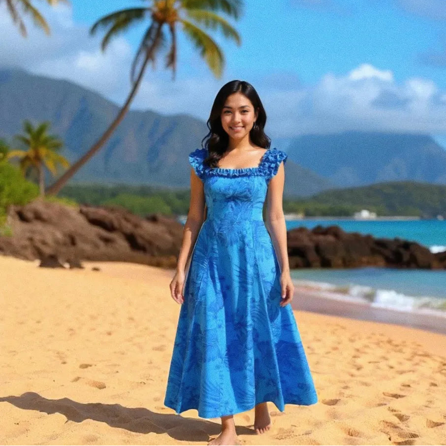 Monstera Cereus Blue Leilani Hawaiian Muumuu Dress M / Blue Monstera Cereus Blue Leilani Hawaiian Muumuu Dress M / Blue