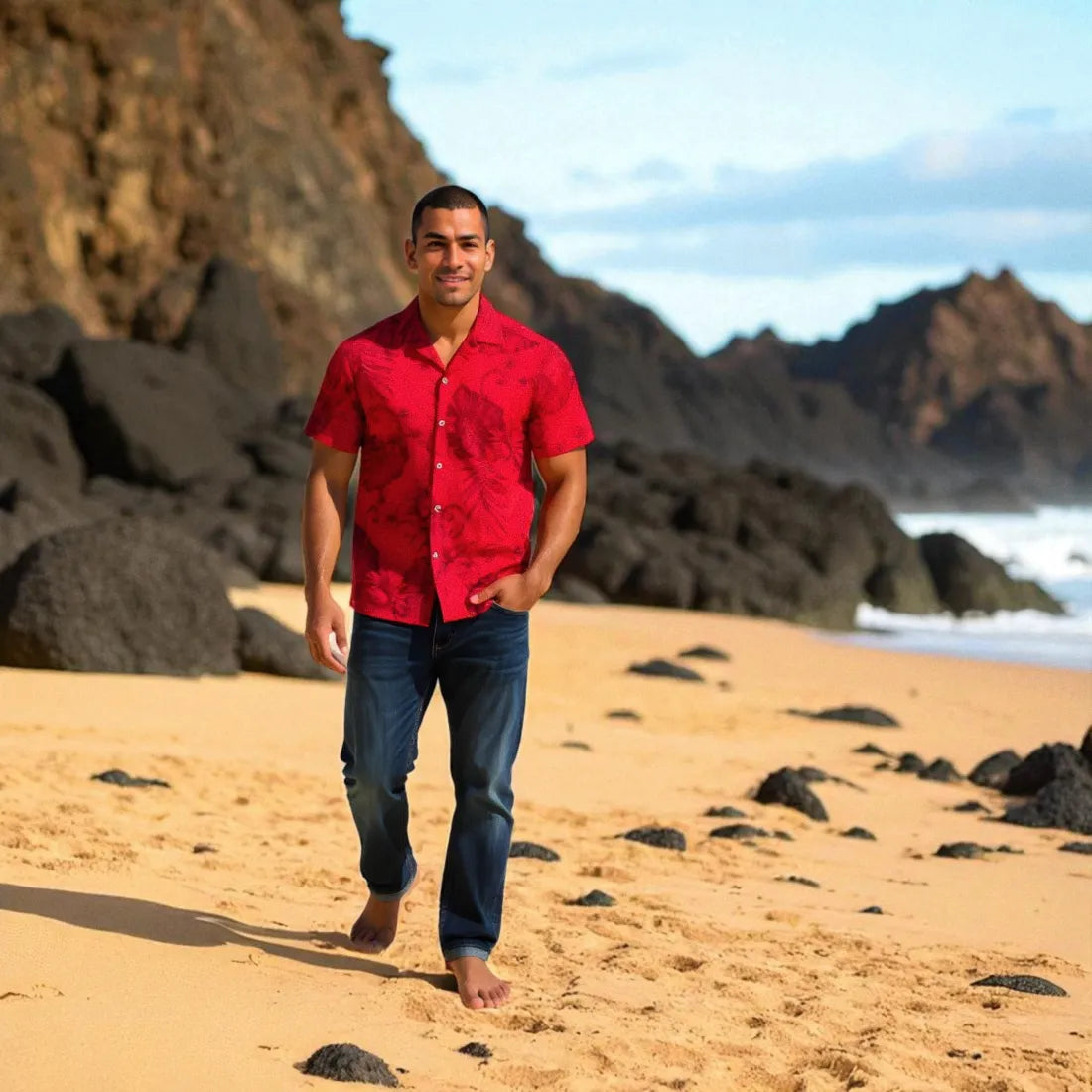 Monstera Cereus Hawaiian Cotton Shirt for Relaxed Style M / red