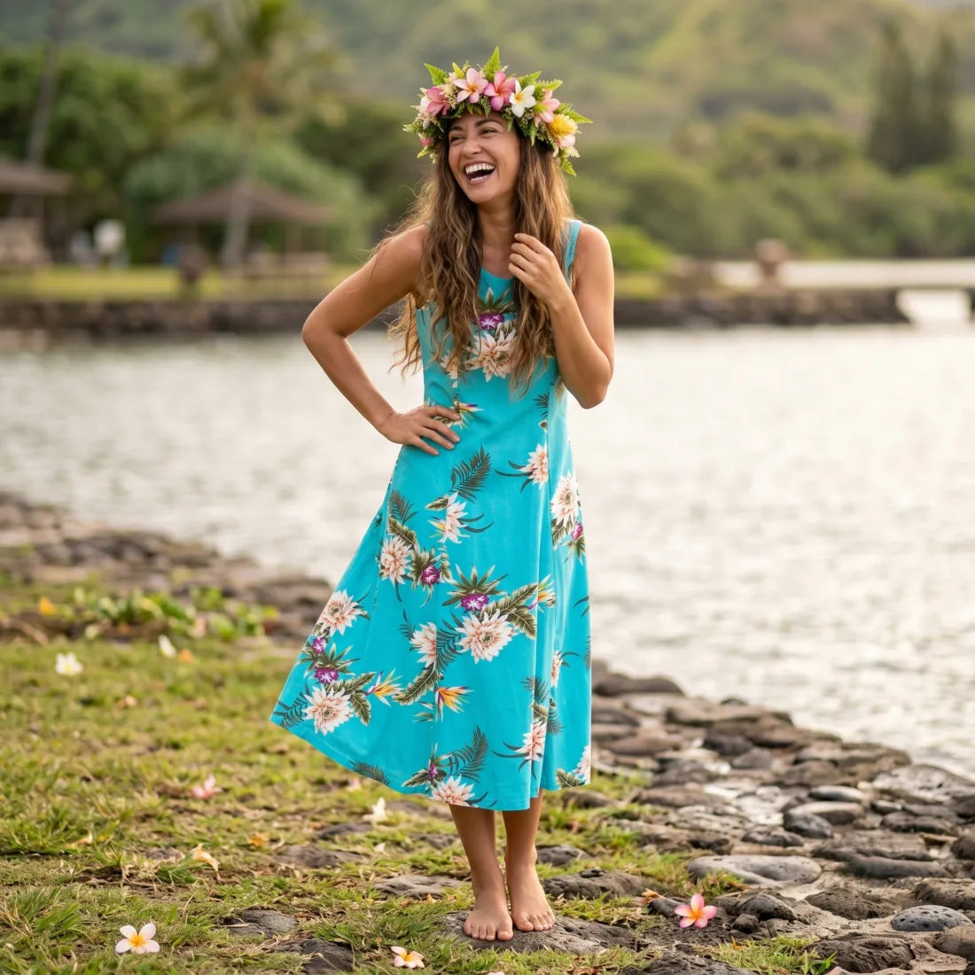 Mountain Green Darling Midi Hawaiian Dress Online M / Green