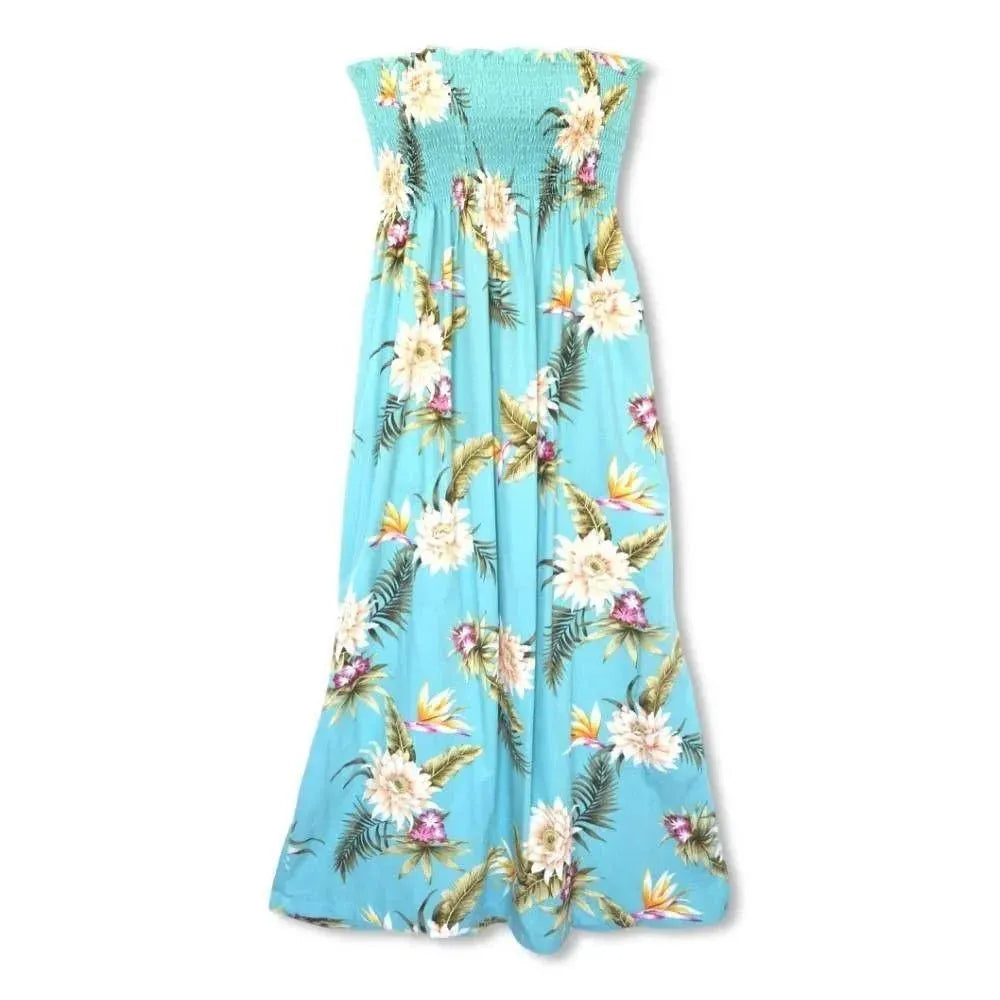 Mountain Green Maxi Hawaiian Dress with Queen Cereus Flowers Mountain Green Maxi Hawaiian Dress with Queen Cereus Flowers