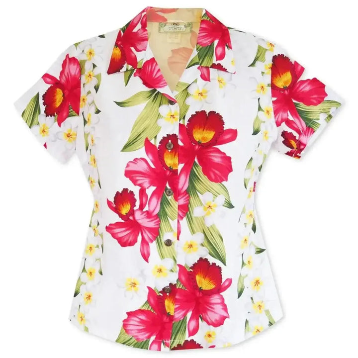 Orchid Play White Women’s Hawaiian Rayon Shirt - Made in Hawaii