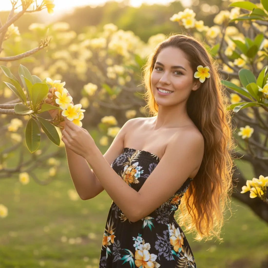 strapless hawaiian dress Passion Black Maxi Hawaiian Dress with Yellow Hibiscus