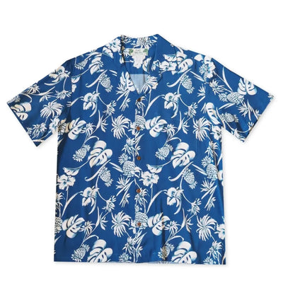 Pineapple Paradise Blue Hawaiian Rayon Shirt - Made In Hawaii