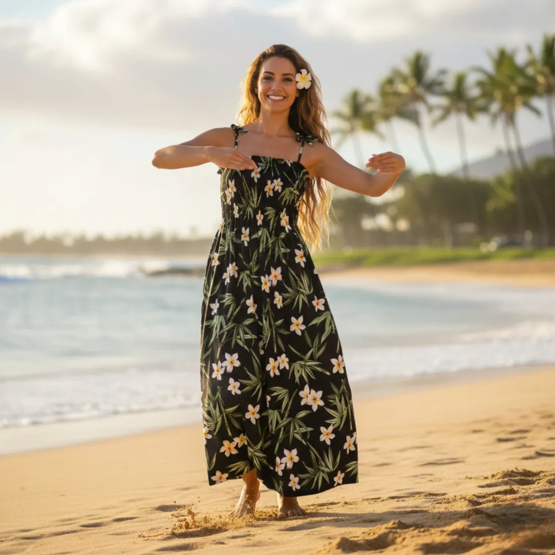 Pipiwai Black Maxi Hawaiian Dress for Tropical Elegance