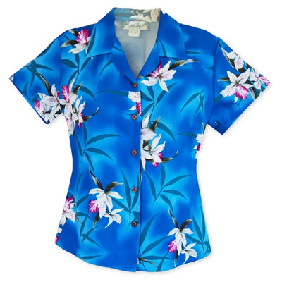 Poipu Blue Lady’s Hawaiian Rayon Blouse - Made In Hawaii