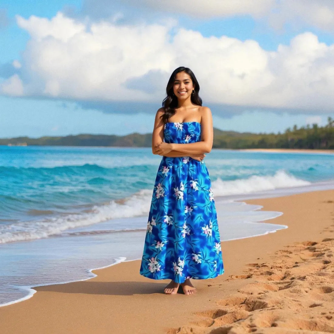 Poipu Blue Maxi Hawaiian Dress with Orchid Floral Print Poipu Blue Maxi Hawaiian Dress with Orchid Floral Print