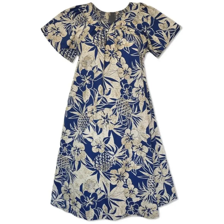 Sweet Pineapple Blue Cotton Hawaiian Tea Muumuu Dress Made in Hawaii