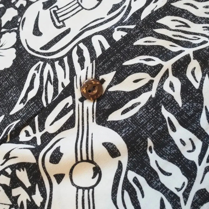 Ukulele Serenade Black Hawaiian Rayon Shirt Made in Hawaii