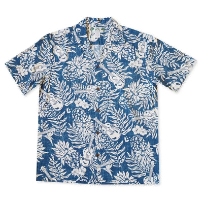Ukulele Serenade Blue Hawaiian Rayon Shirt - Made In Hawaii