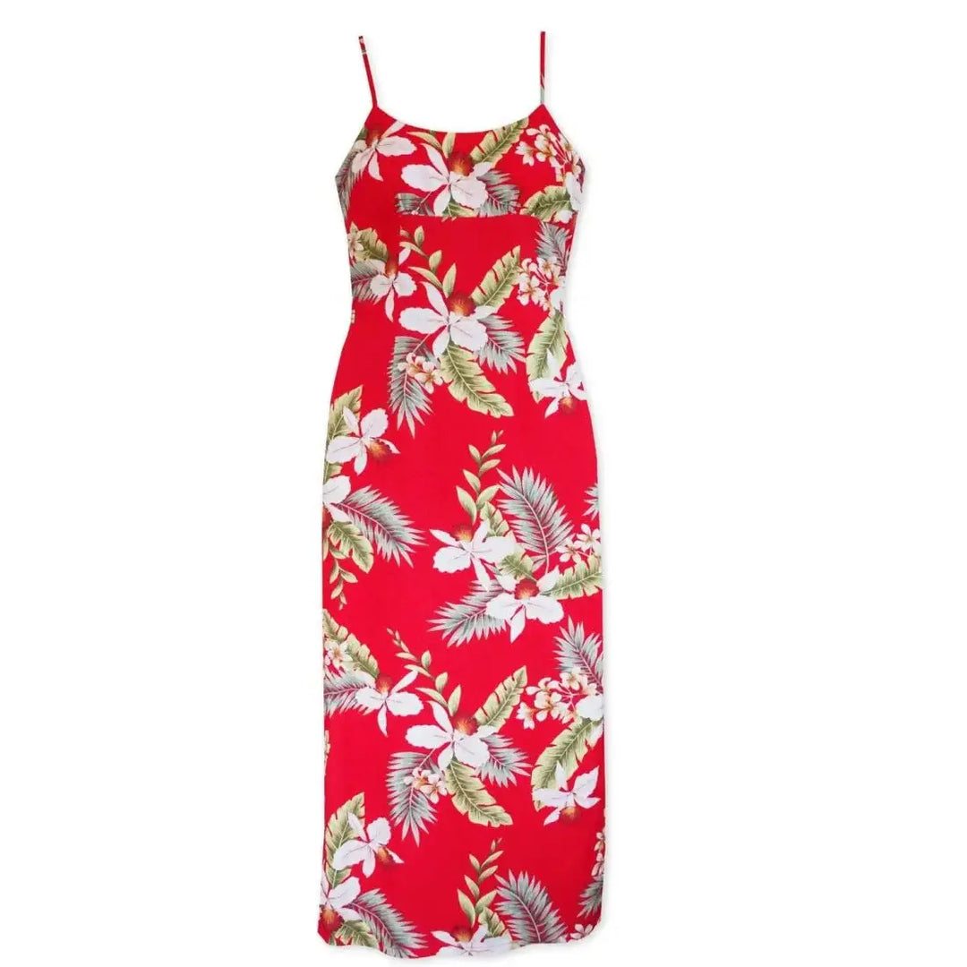 Volcanic Red Long Hawaiian Dress with Skinny Straps Made in Hawaii