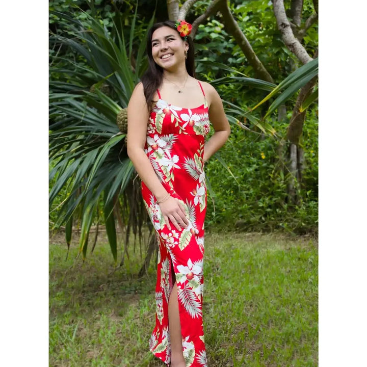 Volcanic Red Long Hawaiian Dress with Skinny Straps Made in Hawaii