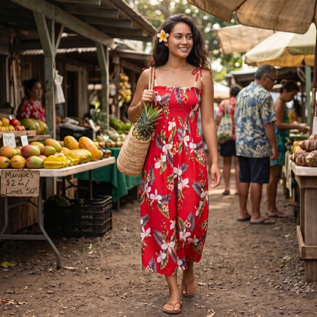 Volcanic Red Maxi Hawaiian Dress in Floral Print