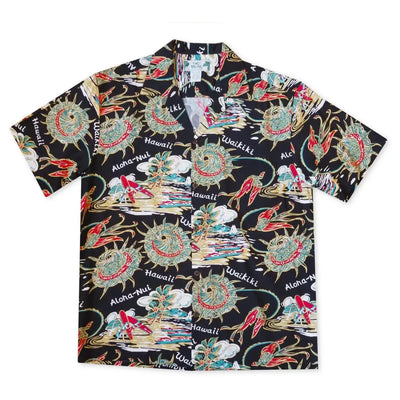 Waikiki Wanderer Black Hawaiian Rayon Shirt - Made In Hawaii