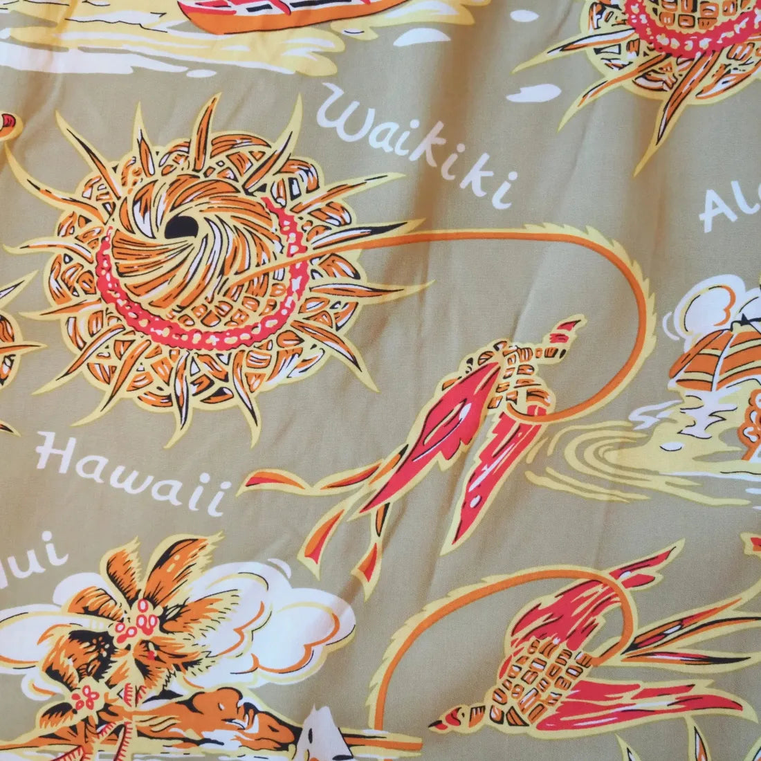 Waikiki Wanderer Tan Hawaiian Rayon Shirt - Made In Hawaii