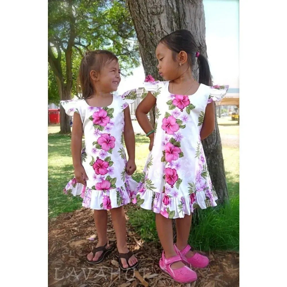 white christmas dresses White Mist Hawaiian Girl Cotton Dress with Floral Print 10 / White