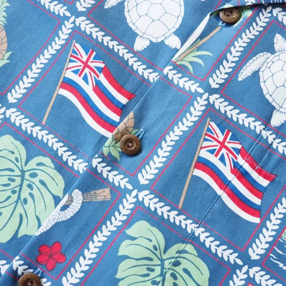 50th State Blue Hawaiian Cotton Shirt - Made in Hawaii