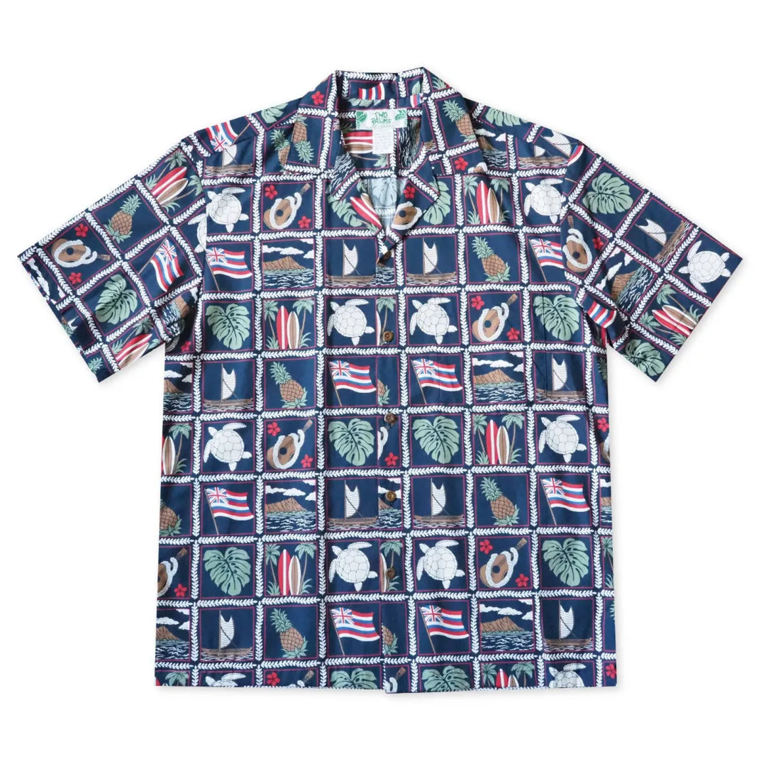 50th State Navy Blue Hawaiian Cotton Shirt - Made in Hawaii