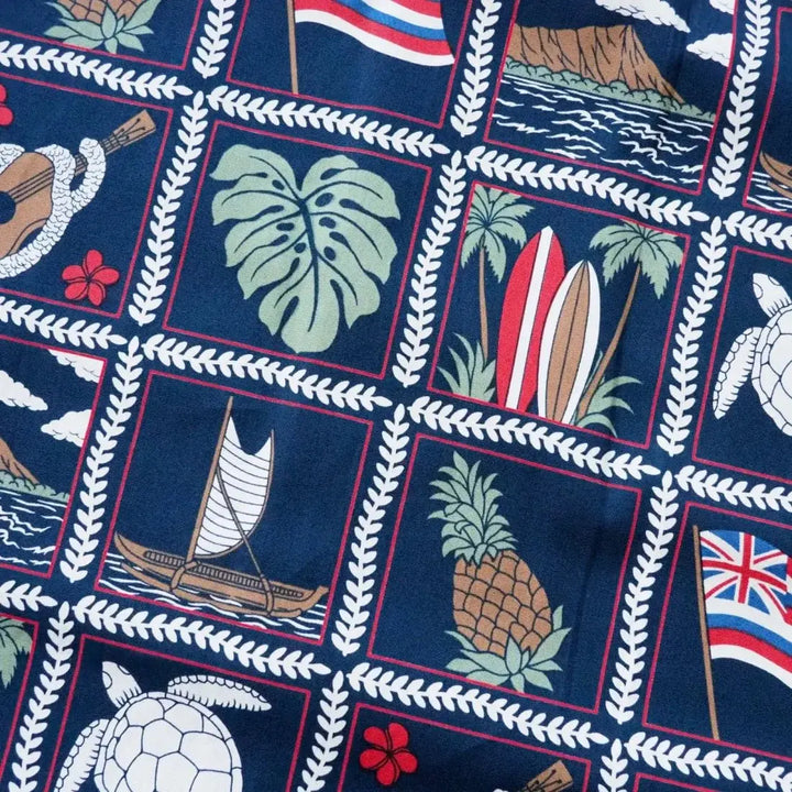 50th State Navy Hawaiian Cotton Shirt Made in Hawaii