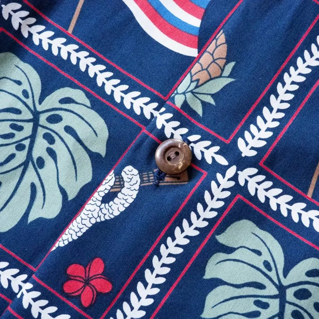 50th State Navy Hawaiian Cotton Shirt Made in Hawaii