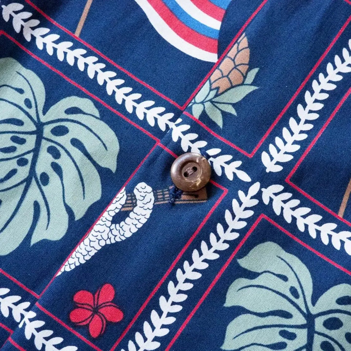 50th State Navy Hawaiian Cotton Shirt Made in Hawaii