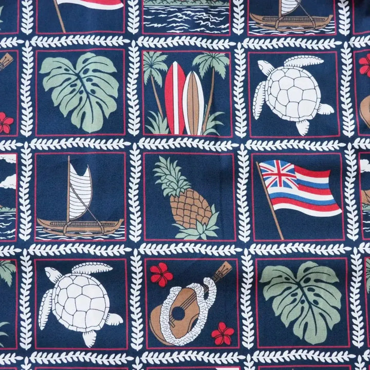 50th State Navy Hawaiian Cotton Shirt Made in Hawaii