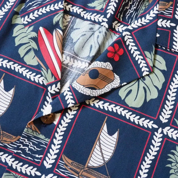 50th State Navy Hawaiian Cotton Shirt Made in Hawaii