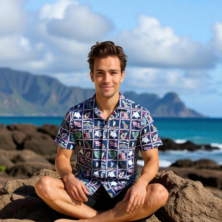 50th State Navy Hawaiian Cotton Shirt Made in Hawaii