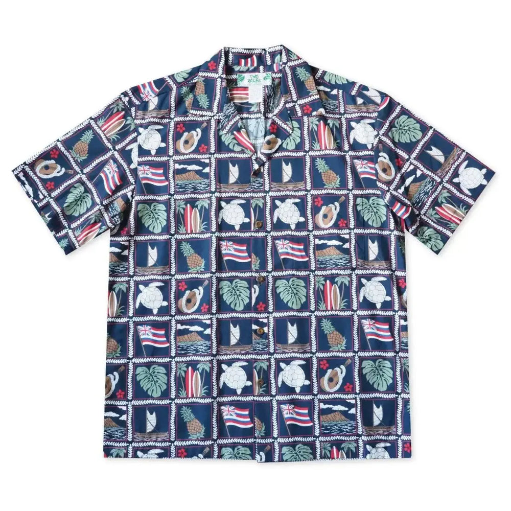 50th State Navy Hawaiian Cotton Shirt Made in Hawaii
