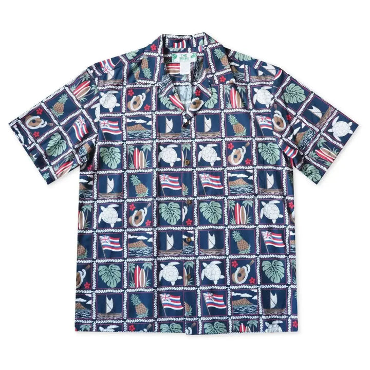 50th State Navy Hawaiian Cotton Shirt Made in Hawaii