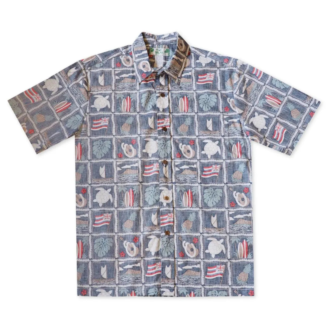 50th State Navy Hawaiian Reverse Shirt - Made in Hawaii