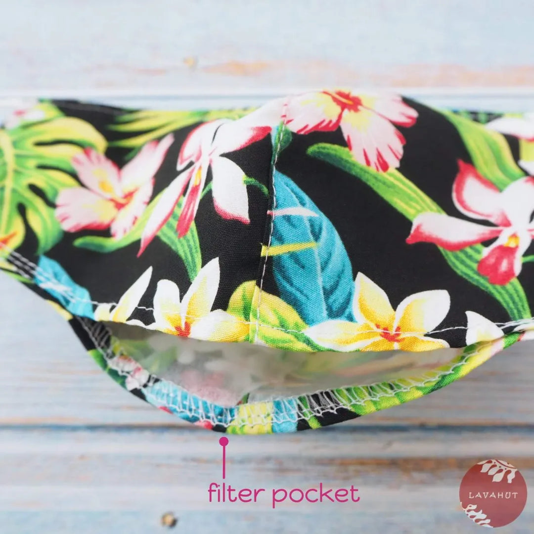 Adjustable + Filter Pocket ?? Black Botanical - Made in Hawaii