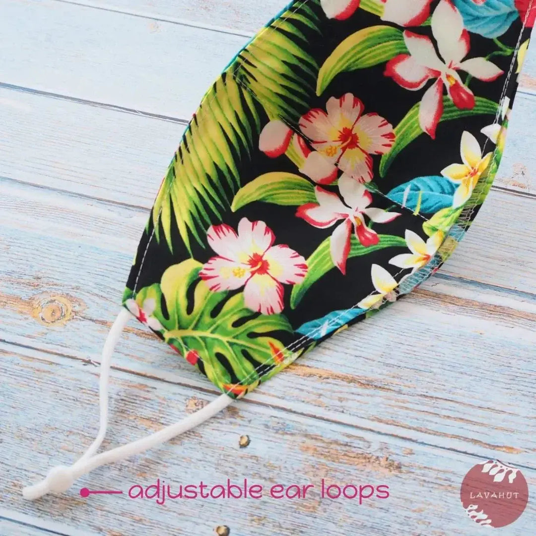 Adjustable + Filter Pocket • Black Botanical - Made in Hawaii