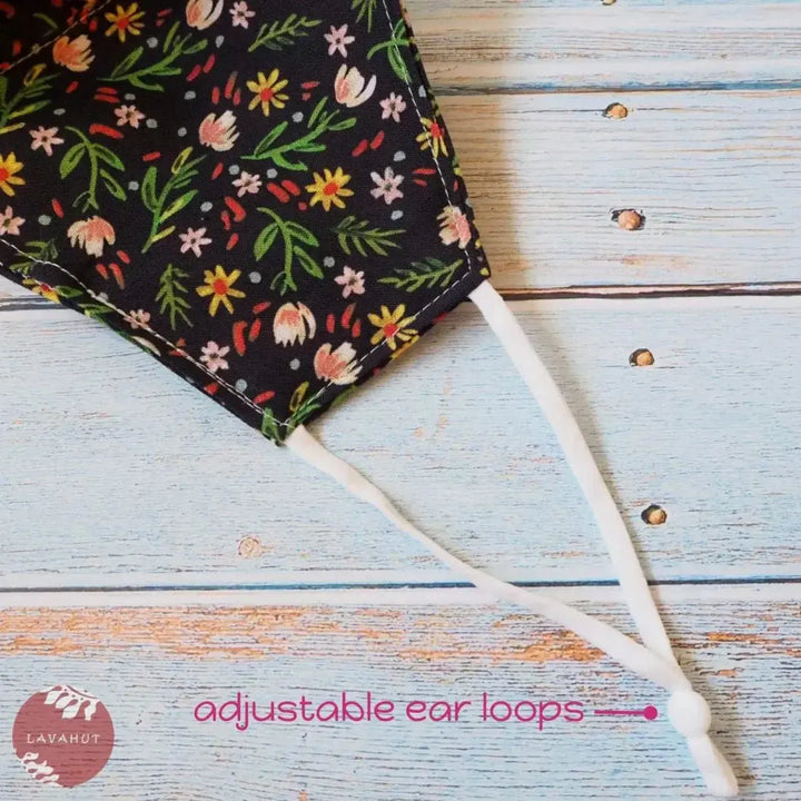 Adjustable + Filter Pocket • Black Ditsy Floral - Made in Hawaii