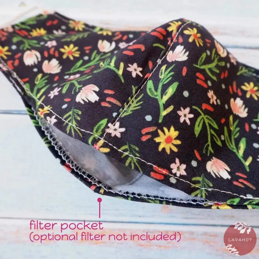 Adjustable + Filter Pocket • Black Ditsy Floral - Made in Hawaii