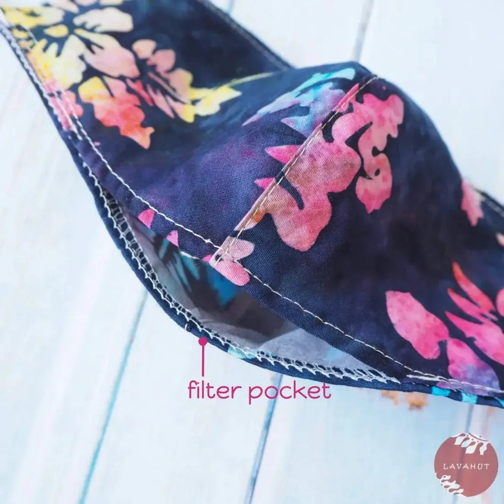 Adjustable + Filter Pocket • Black Hibiscus Luna - Made in Hawaii
