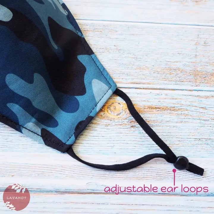 Adjustable + Filter Pocket • Blue Camouflage - Made in Hawaii