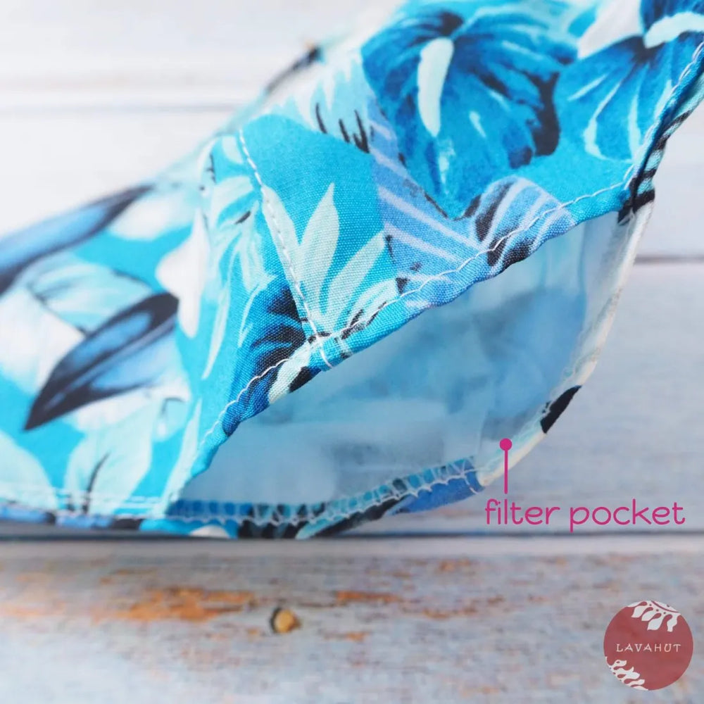 Adjustable + Filter Pocket ?? Blue Hibiscus Fun - Made in Hawaii